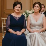 Eleganckие matki pary młodej w formalnych sukniach na ślubie, siedzące razem