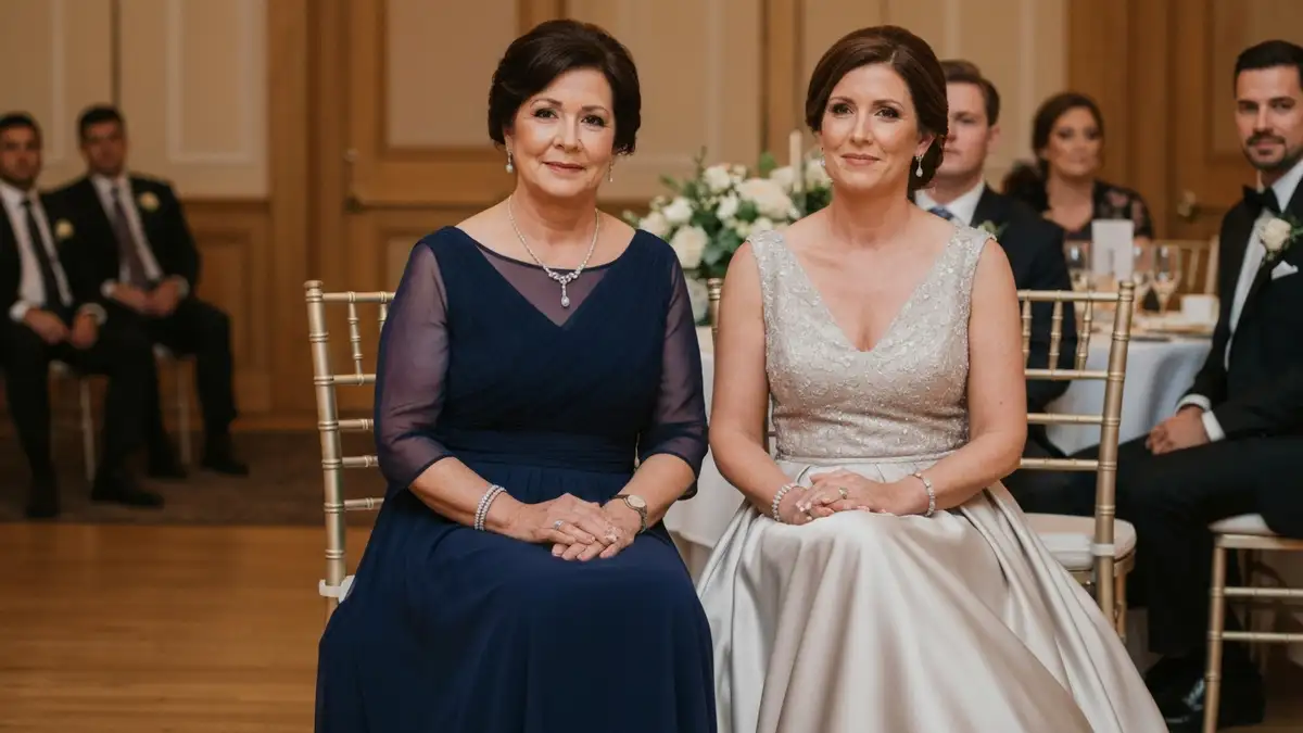 Eleganckие matki pary młodej w formalnych sukniach na ślubie, siedzące razem