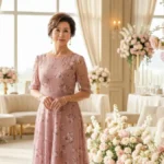 Elegancka sukienka dla matki panny młodej w kolorze dusty rose na tle dekoracji weselnych 2026