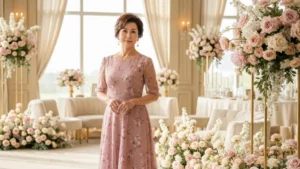 Elegancka sukienka dla matki panny młodej w kolorze dusty rose na tle dekoracji weselnych 2026