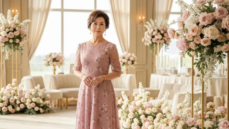 Elegancka sukienka dla matki panny młodej w kolorze dusty rose na tle dekoracji weselnych 2026