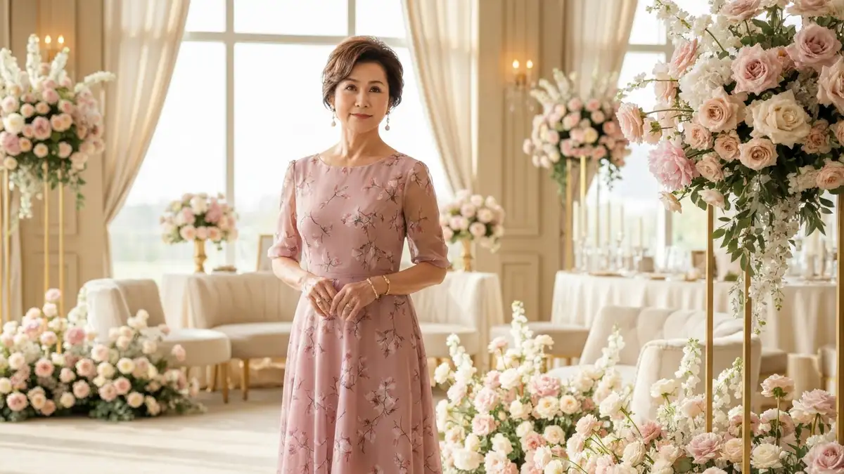 Elegancka sukienka dla matki panny młodej w kolorze dusty rose na tle dekoracji weselnych 2026