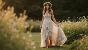 Panna młoda w rustykalnej sukni ślubnej boho z asymetryczną spódnicą, kwiatową koroną i naturalnym makijażem
