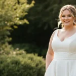 Panna młoda w białej sukni A-line na gradowym tle, uśmiechnięta, figura pełna, elegancka poza