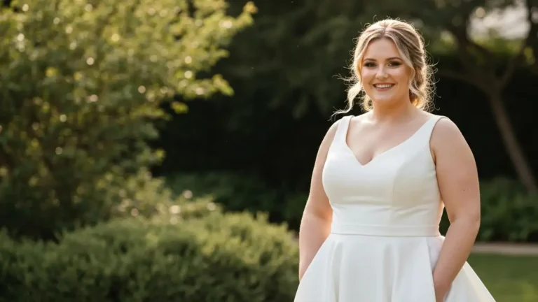 Panna młoda w białej sukni A-line na gradowym tle, uśmiechnięta, figura pełna, elegancka poza
