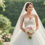 Panna młoda w eleganckiej sukni ślubnej princess z pełną spódnicą i gorsetem, trzymająca bukiet kwiatów