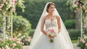 Panna młoda w eleganckiej sukni ślubnej princess z pełną spódnicą i gorsetem, trzymająca bukiet kwiatów