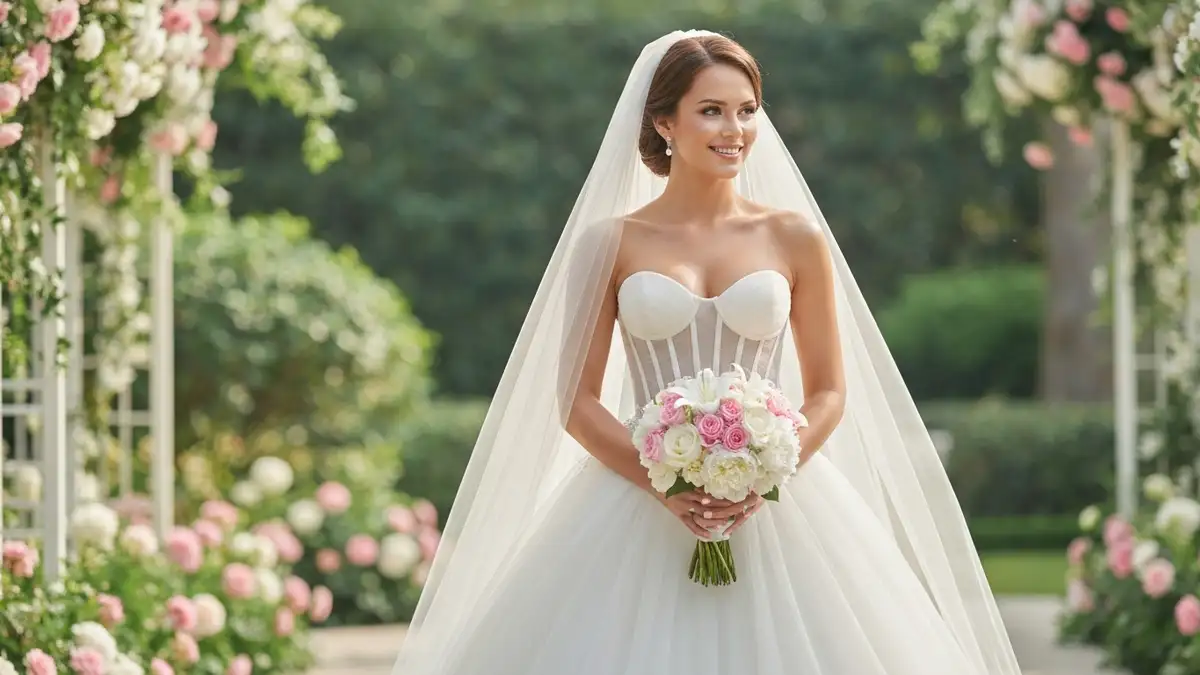Panna młoda w eleganckiej sukni ślubnej princess z pełną spódnicą i gorsetem, trzymająca bukiet kwiatów