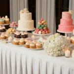 Piękny sweet table na wesele z różnokolorowymi słodyczami, tortami i deserami złożonymi na stole dekoracyjnym