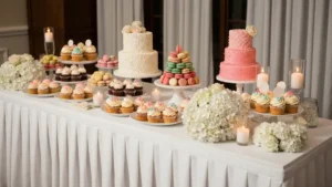 Piękny sweet table na wesele z różnokolorowymi słodyczami, tortami i deserami złożonymi na stole dekoracyjnym