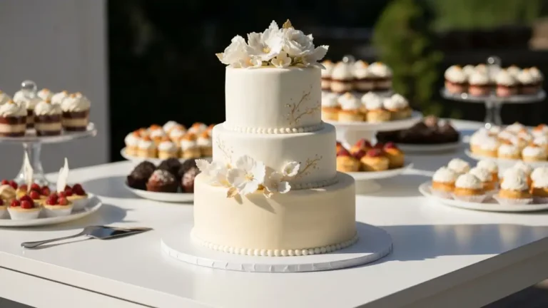 Tort weselny 2 piętrowy z białymi kwiatami dla 50-60 gości, elegancka dekoracja fondant, blat w kolorze kremu