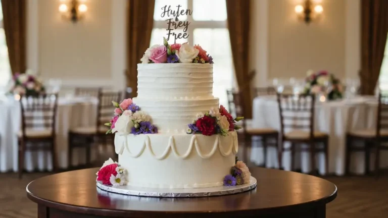 Piękny tort weselny bezglutenowy z białą glazurą i świeżymi kwiatami, na eleganckim stole weselnym