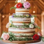 Tort weselny rustykalny ze stylem boho - białe piętro z naturalnymi kwiatami, ziołami i liśćmi eukaliptusa, na drewnianym stole
