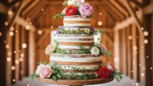 Tort weselny rustykalny ze stylem boho - białe piętro z naturalnymi kwiatami, ziołami i liśćmi eukaliptusa, na drewnianym stole