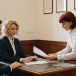 Para młoda w sali urzędu stanu cywilnego składająca dokumenty do transkrypcji ślubu zagranicznego