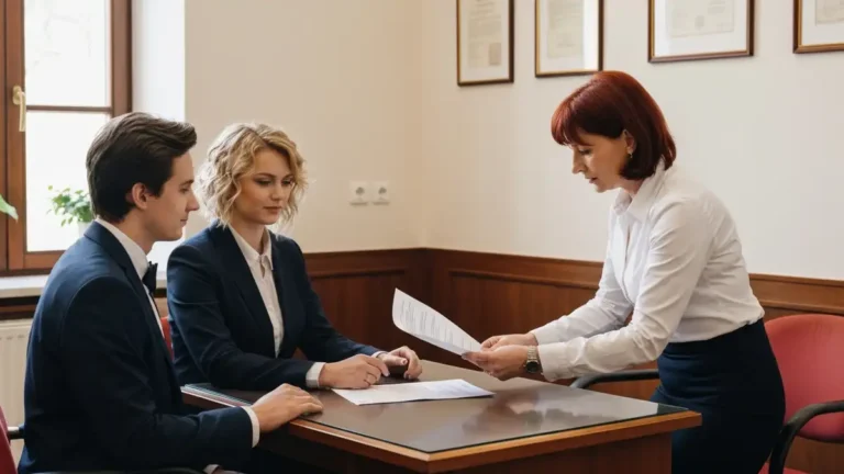 Para młoda w sali urzędu stanu cywilnego składająca dokumenty do transkrypcji ślubu zagranicznego