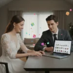 Para młoda przeglądająca wedding registry online na laptopie