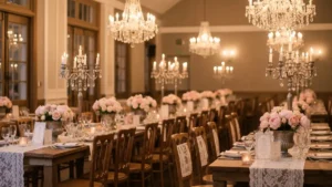 Elegancka sala weselna w stylu vintage z świecznikami, kwiatami w puszkach i starymi lampami wiszącymi