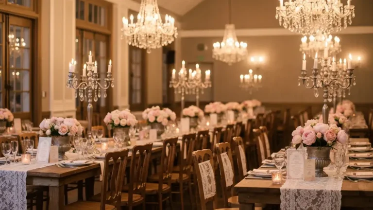 Elegancka sala weselna w stylu vintage z świecznikami, kwiatami w puszkach i starymi lampami wiszącymi